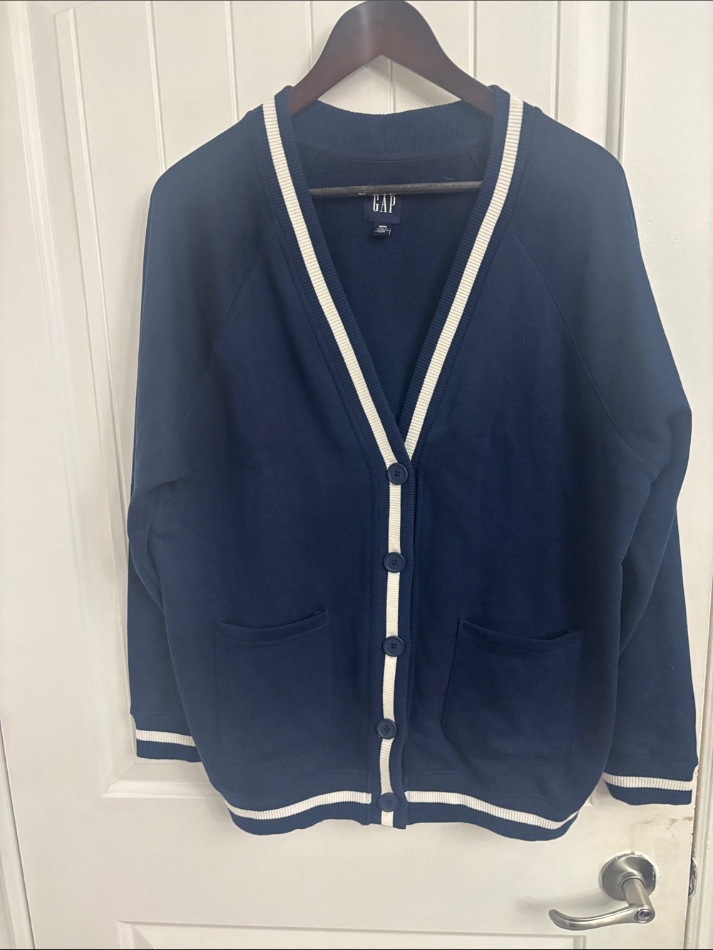 GAP Navy Varcity Cardigan with White Stripe Trim
